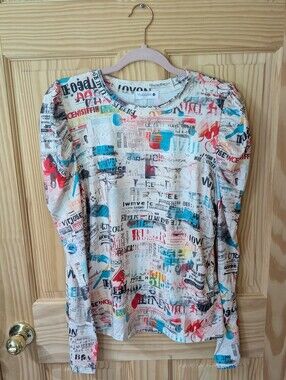 Nuggles Women's M Newspaper Print Long Sleeve Mutton Sleeve Puff Sleeve Top